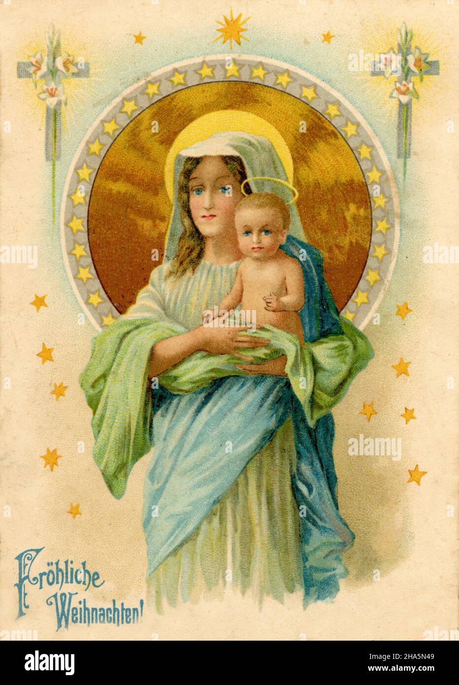 Madonna with baby Jesus on her arm and inscription 'Fröhlihe Weihnachten' (Merry Christmas) ,  (, ) Stock Photo