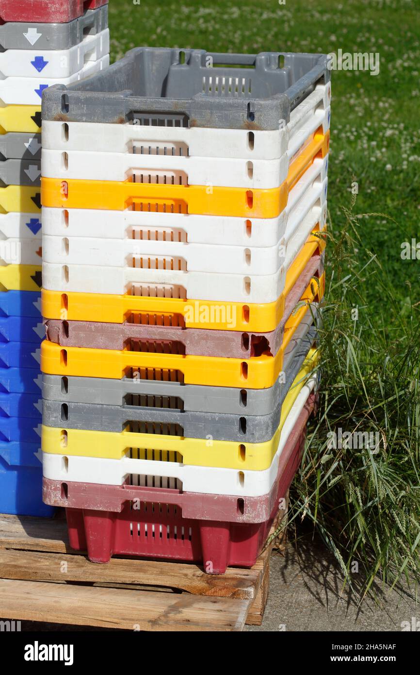 colorful stacked fish boxes,plastic boxes,fishing port,dorumer neufeld