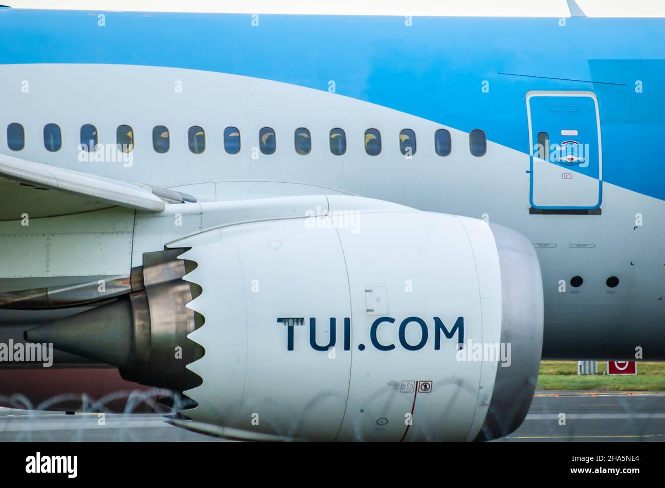 MANCHESTER, ENGLAND- 27 November 2021: Closeup of Tui logo on a TUI Boeing 787-8 Dreamliner Stock Photo
