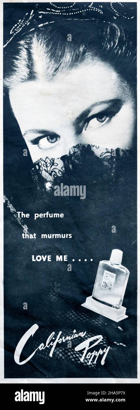 1950 magazine advertisement for Californian Poppy perfume. Stock Photo