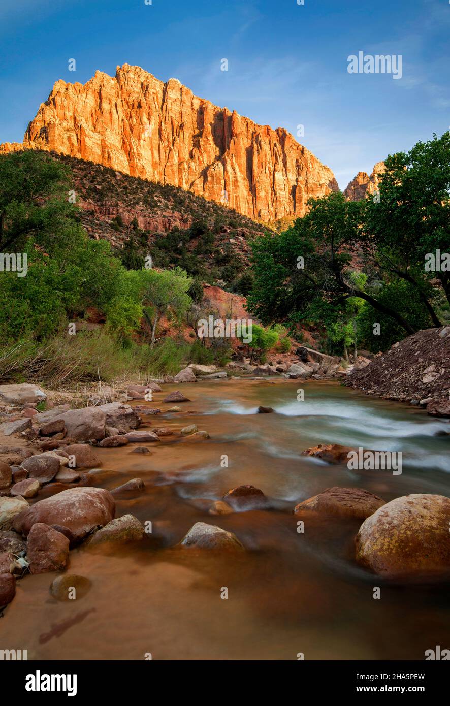 Virgin River and the Watchman Sunset in Zion National Park, Utah Stock Photo