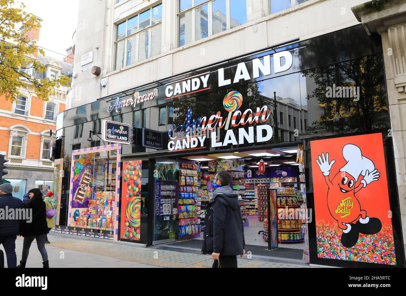 An abundance of unhealthy American candy stores have sprung up on Oxford Street replacing shops that have closed down during the coronavirus pandemic, 2021, in London, UK Stock Photo