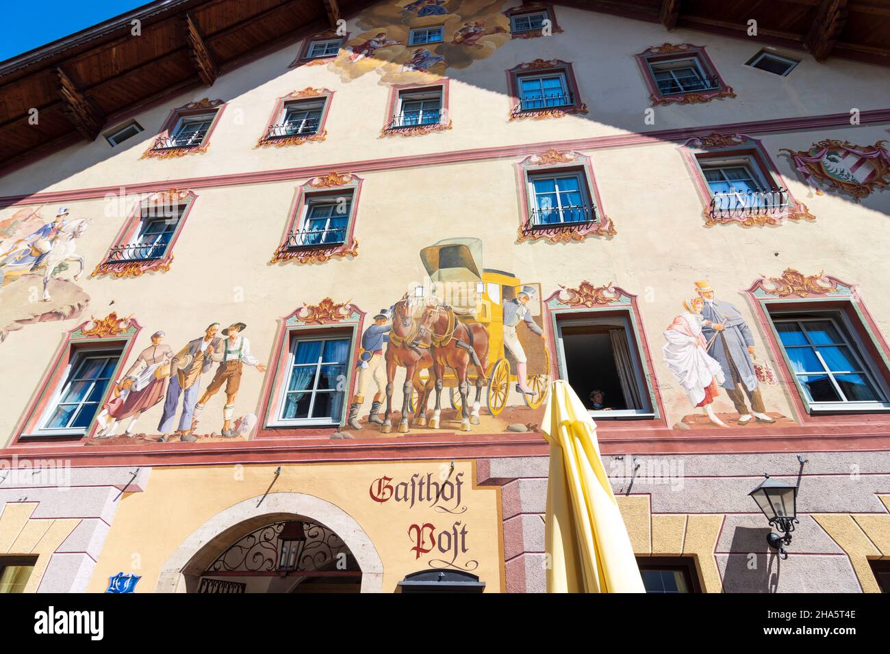 mittenwald,inn gasthof post,old town,house with lüftlmalerei (lüftelmalerei),a form of mural art in upper bavaria,bavaria,germany Stock Photo