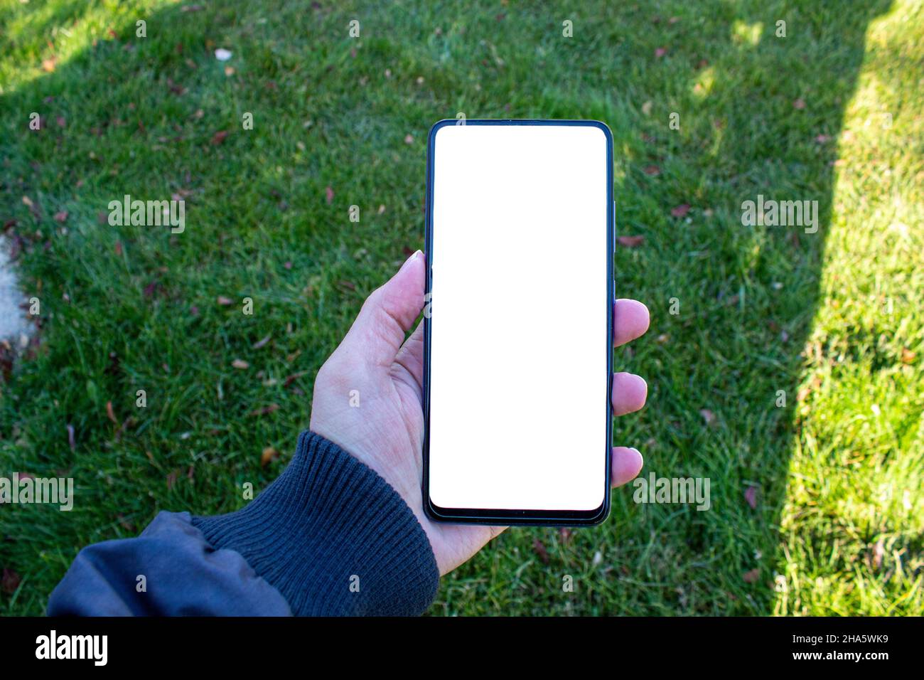 Hand holding smartphone, mockup image of man hand holding mobile phone with blank white desktop screen while walking on green grass. Stock Photo