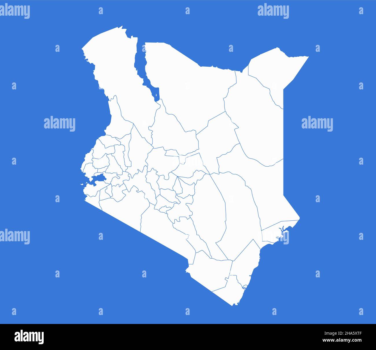 Kenya map, administrative divisions, blue background, blank Stock Photo