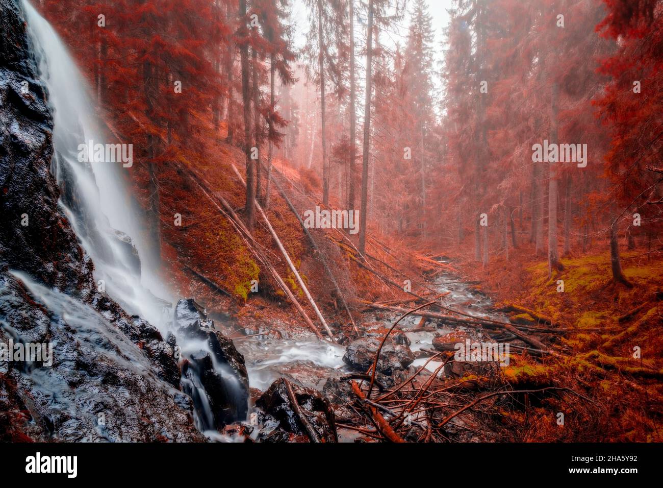 waterfall with rocks and trees in autumn with mist Stock Photo