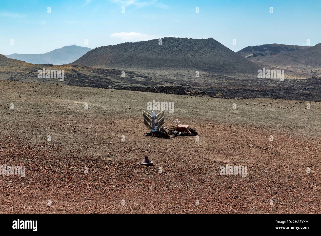 measuring devices,volcanic landscape,timanfaya national park,parque nacional de timanfaya,montanas del fuego,lanzarote,canaries,canary islands,spain,europe Stock Photo