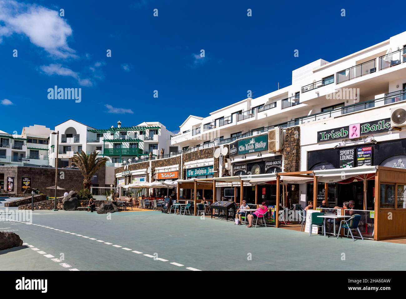 shops and restaurants in costa teguise,lanzarote,canaries,canary islands,spain Stock Photo