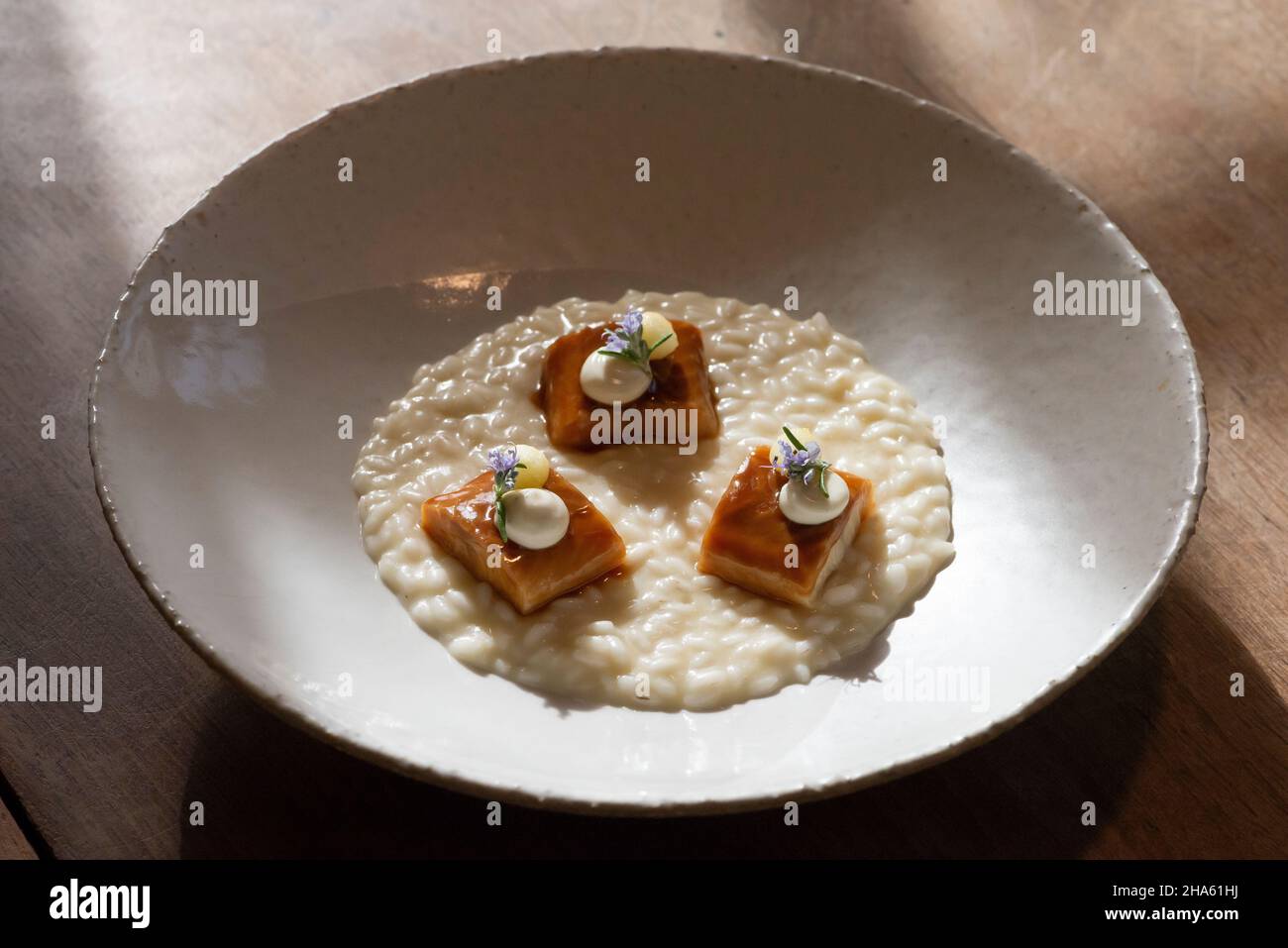 italy,trentino-south tyrol,alto adige,south tyrol,meran,district community burggrafenamt,algund,inn zur blauen traube,risotto from south tyrolean golden delicious apple with flamed smoked eel Stock Photo