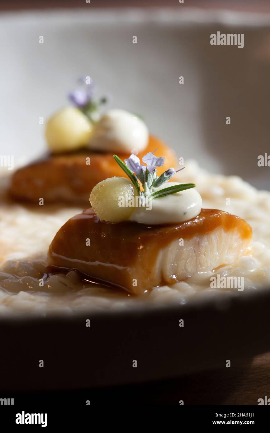 italy,trentino-south tyrol,alto adige,south tyrol,meran,district community burggrafenamt,algund,inn zur blauen traube,risotto from south tyrolean golden delicious apple with flamed smoked eel Stock Photo