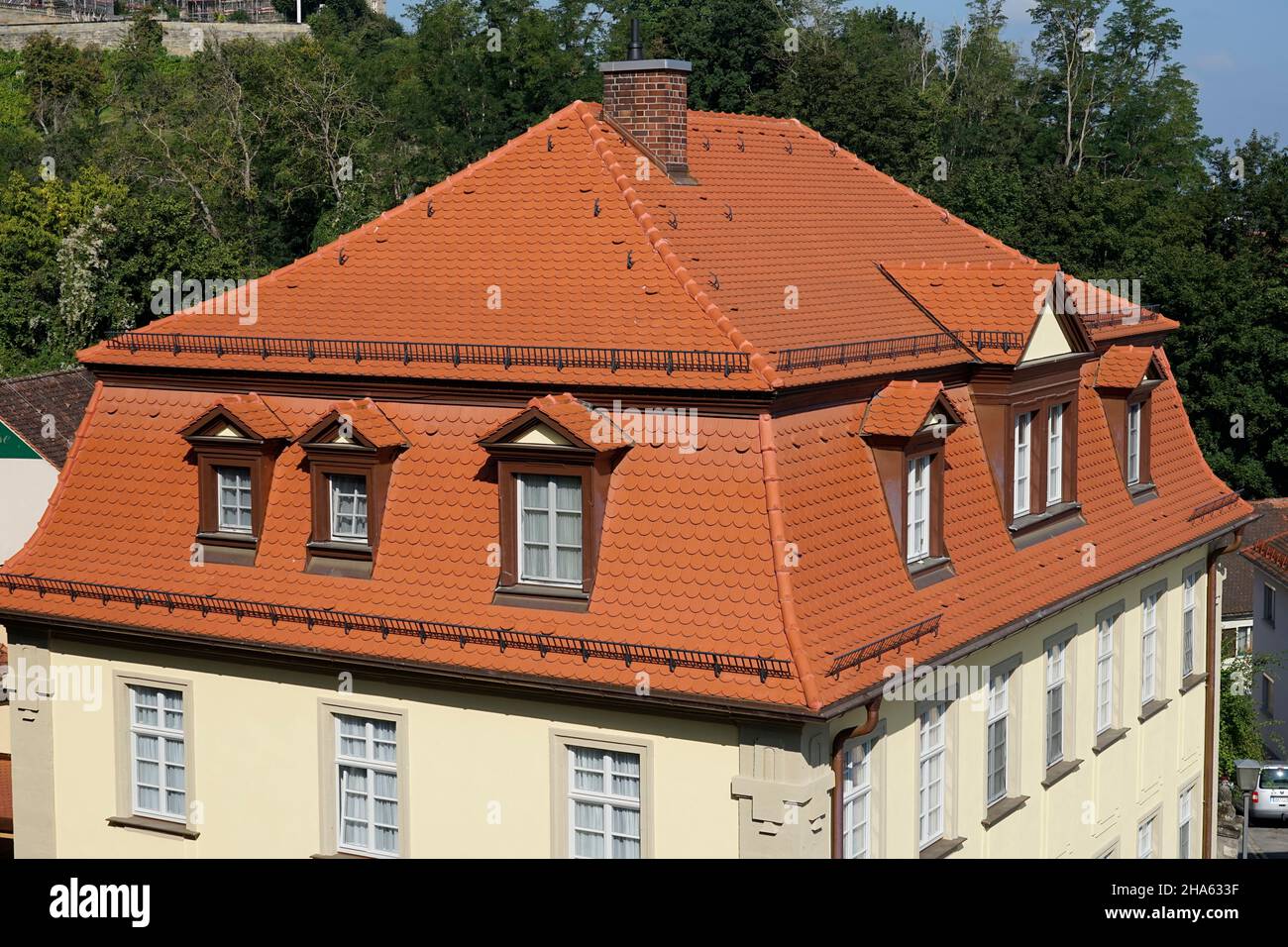 germany,bavaria,upper franconia,bamberg,villa,hipped roof,beaver tail tiles,dormer windows Stock Photo