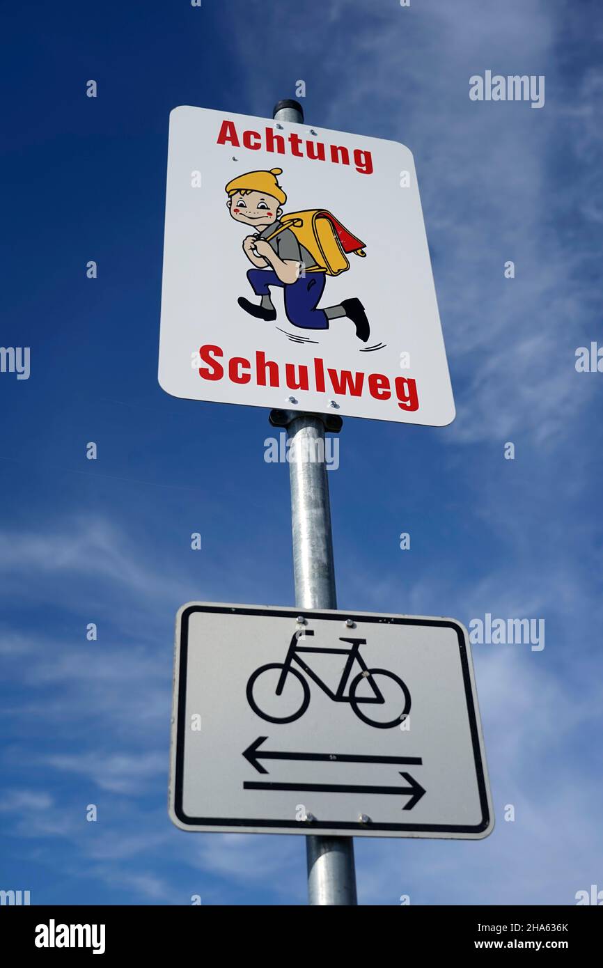 germany,bavaria,upper bavaria,altötting district,road traffic,sign,attention way to school Stock Photo