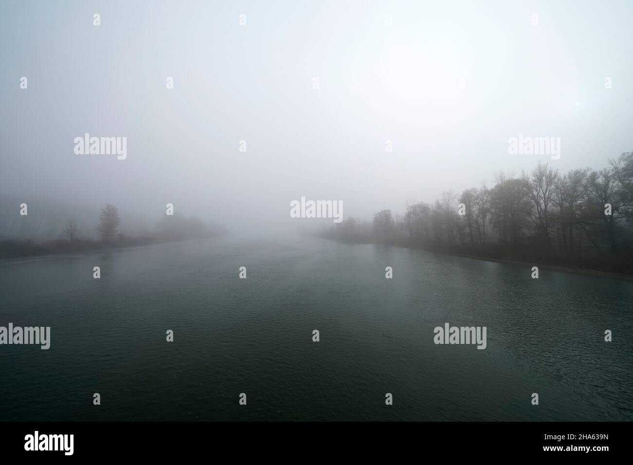 germany,bavaria,upper bavaria,altötting district,inn near neuötting,river,embankment,autumn,fog,hazy,mood,mysticism Stock Photo