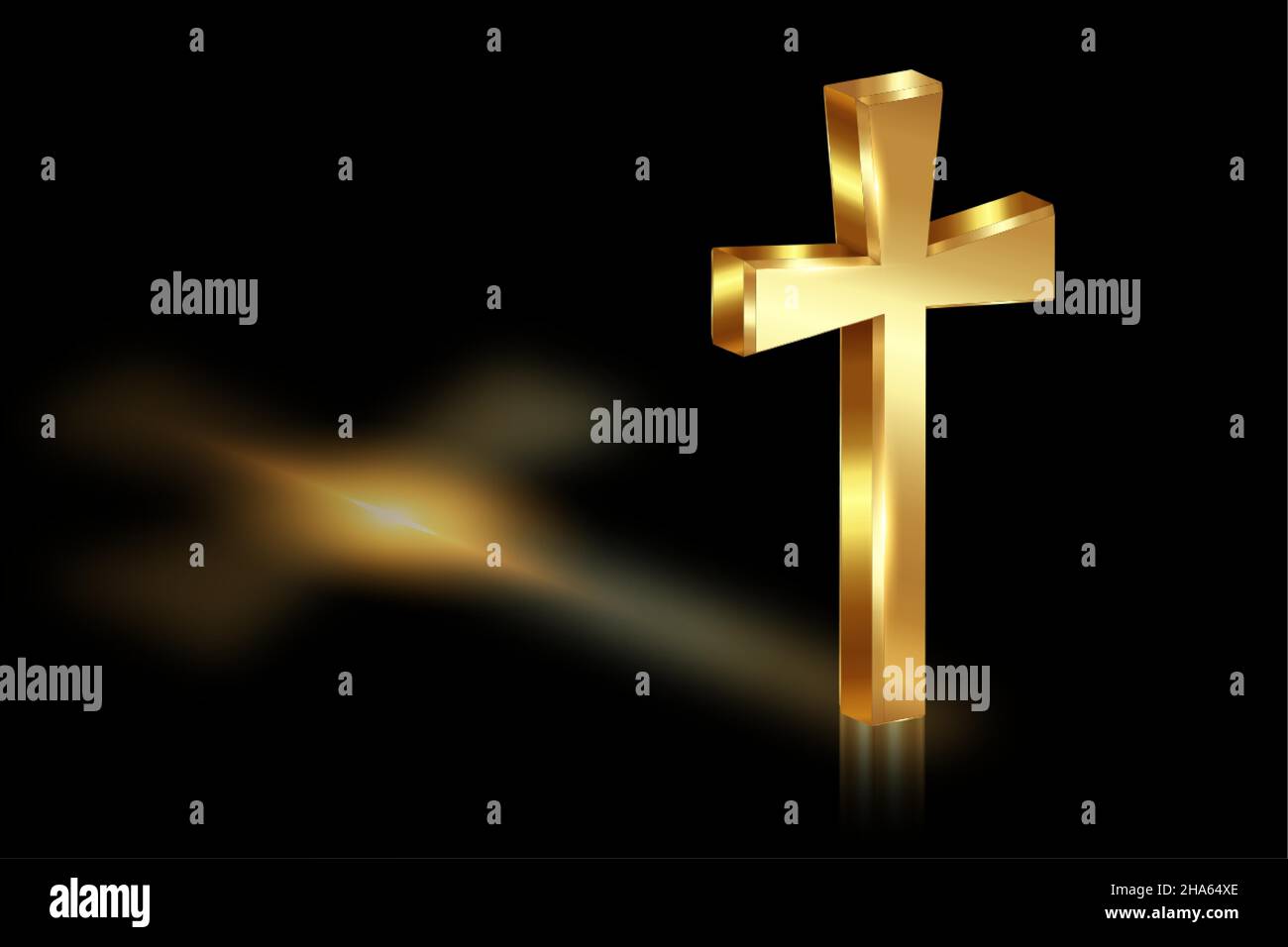 3d gold cross of light, shiny Cross with golden foil texture, symbol of christianity. Symbol of hope and faith. Vector illustration isolated on black Stock Vector