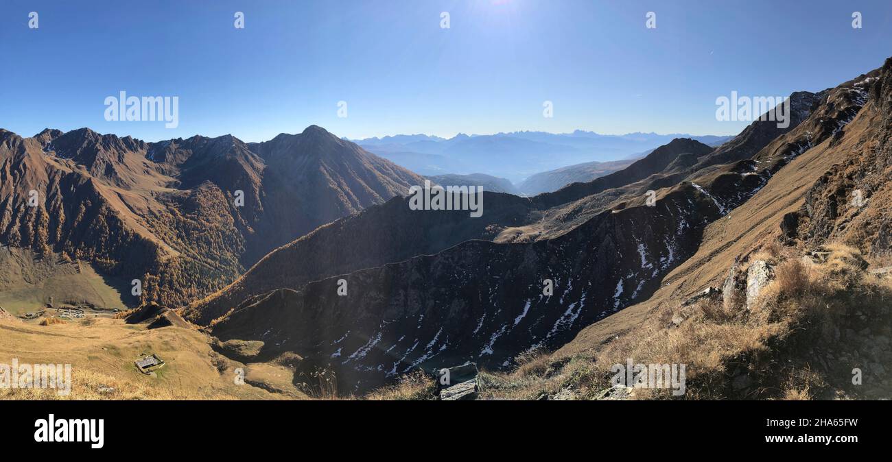 autumn landscape above the fanealm in south tyrol with a view of the dolomites,panorama,fane almdorf,malga fane,valsertal,dolomites,brixen,vals,south tyrol,italy Stock Photo