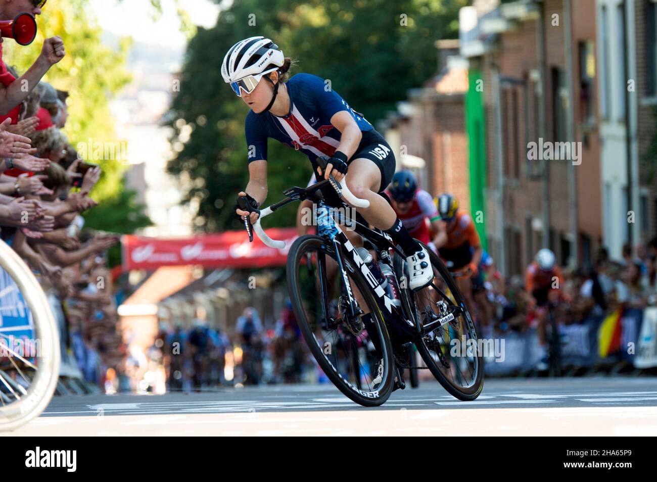 Ruth Winder of the United States attacks the peloton and leads over the top of a climb during the 2021 UCI Road World Championships in Leuven, Belgium Stock Photo