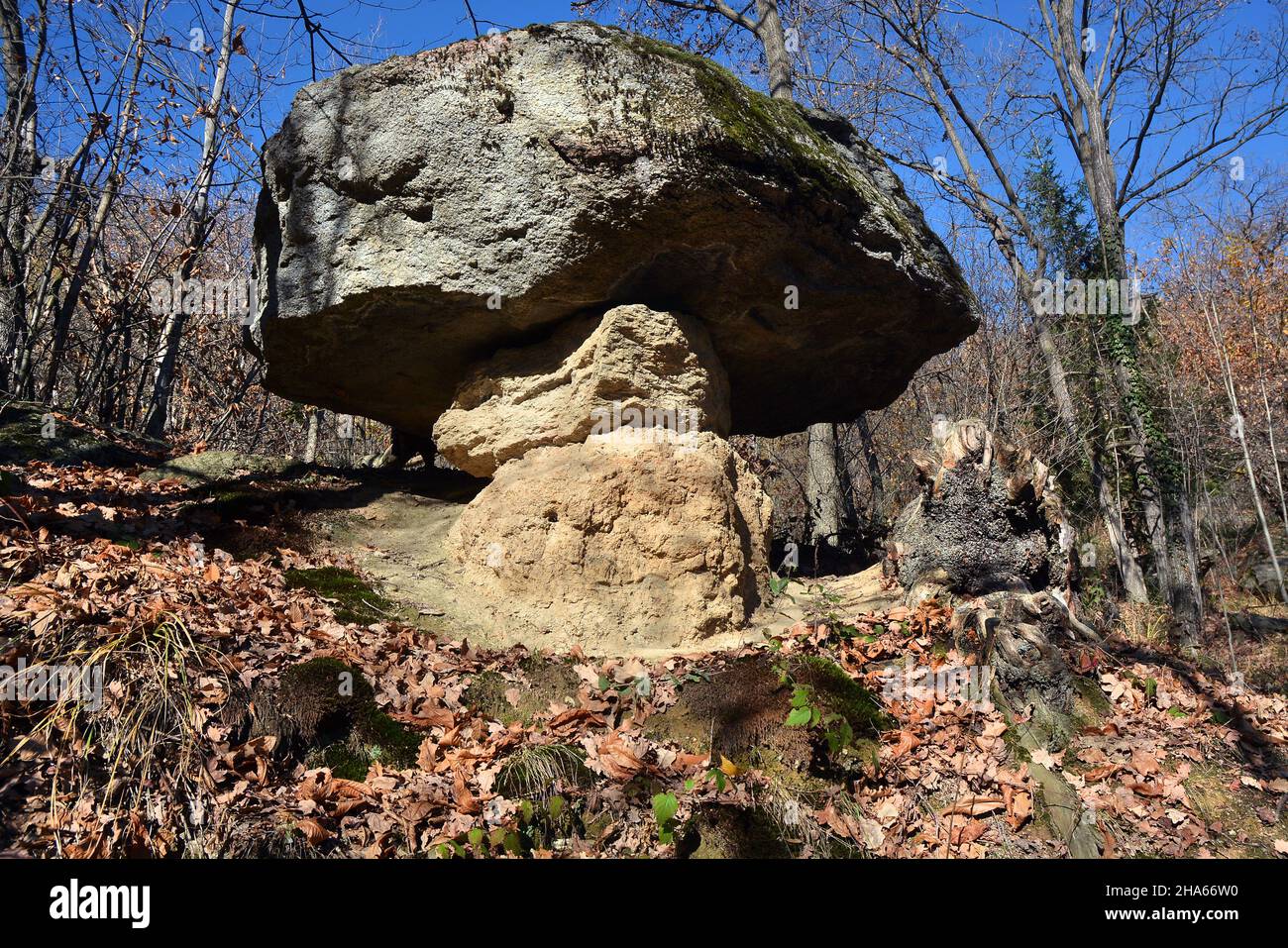 Villar San Costanzo, Piedmont, Italy - The Ciciu di Villar nature reserve where there are geological formations in the shape of mushrooms, due to wate Stock Photo