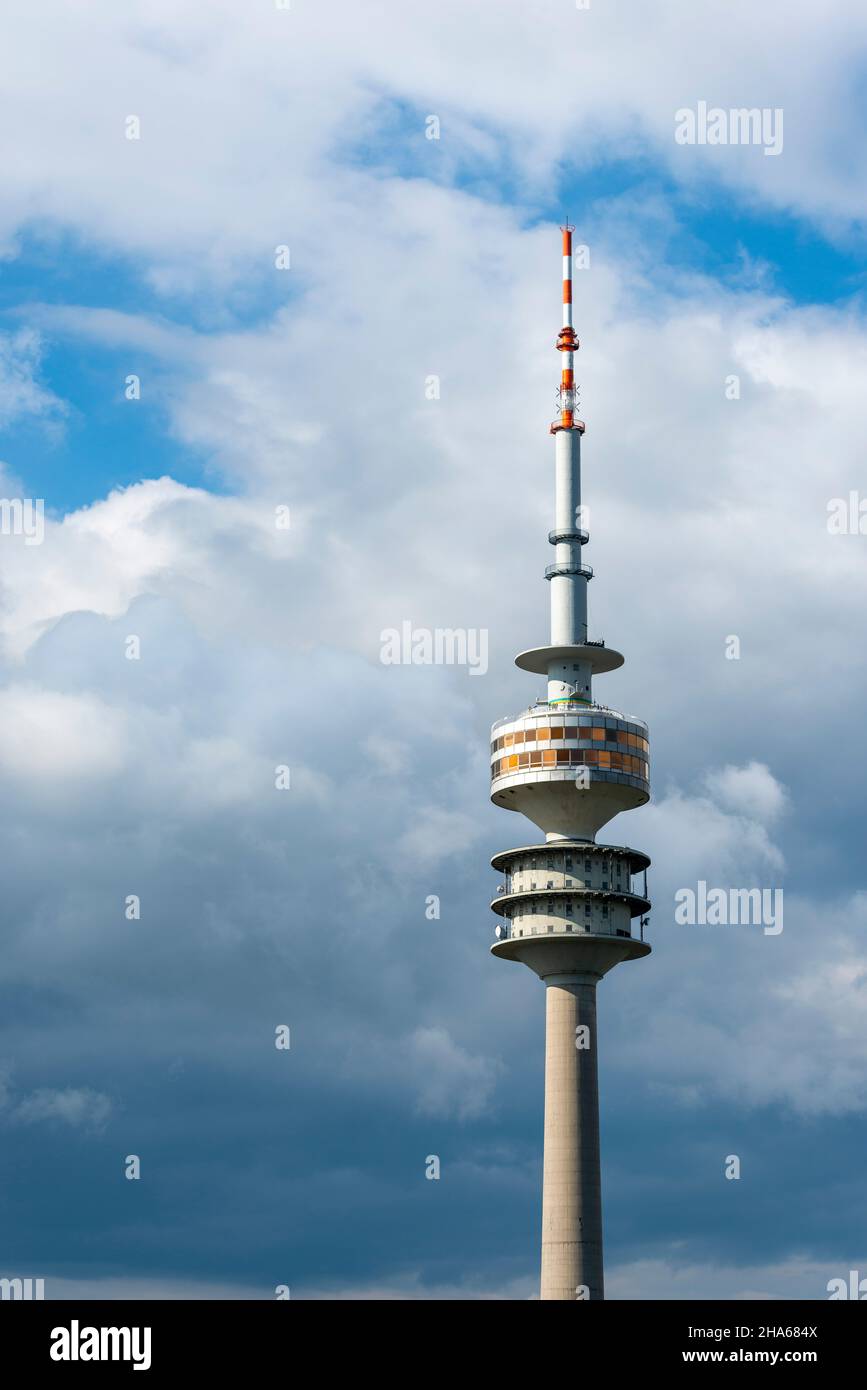 the olympic tower in munich with the company floor,revolving restaurant,viewing platform with rock museum and open viewing platform Stock Photo