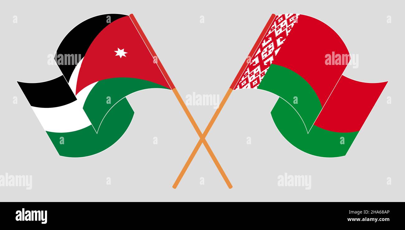 Crossed and waving flags of Jordan and Belarus. Vector illustration Stock Vector