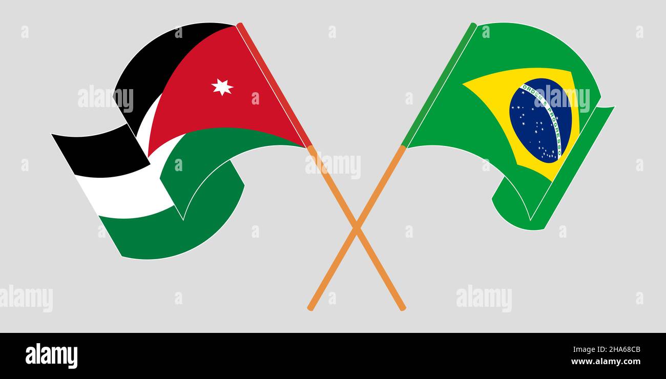 Crossed and waving flags of Jordan and Brazil. Vector illustration Stock Vector