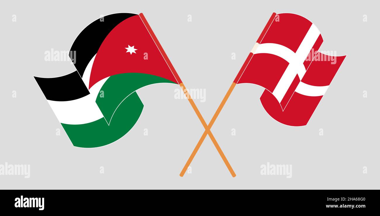 Crossed and waving flags of Jordan and Denmark. Vector illustration Stock Vector