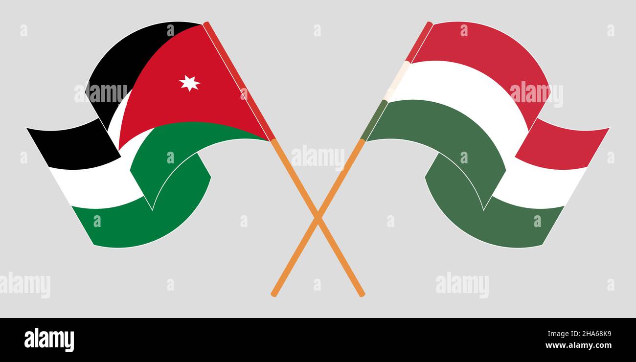 Crossed and waving flags of Jordan and Hungary. Vector illustration Stock Vector