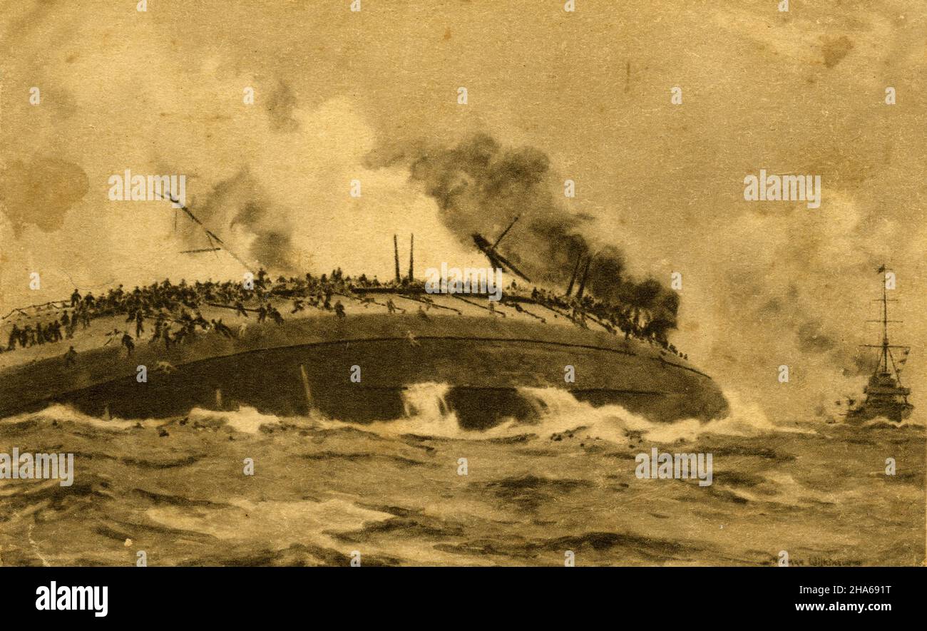 vintage postcard featuring a sinking battleship, circa 1916 Stock Photo ...