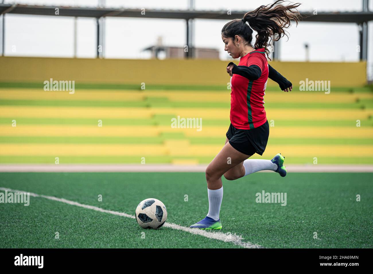 young female soccer player kicks the ball on the field Stock Photo Alamy