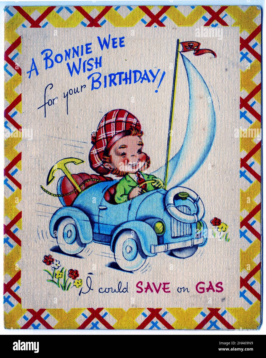 Retro design of a birthday card featurig a Scotsman - front, circa 1940 Stock Photo