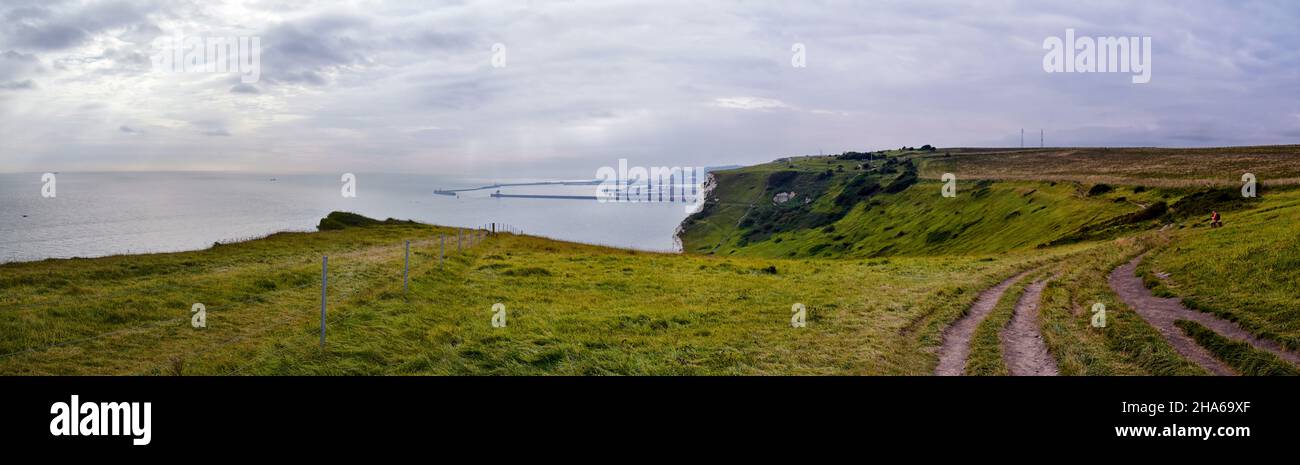 White Cliffs of Dover. Close up detailed landscape view of the cliffs from the walking path by the sea side. September 14, 2021 in England, United Kin Stock Photo