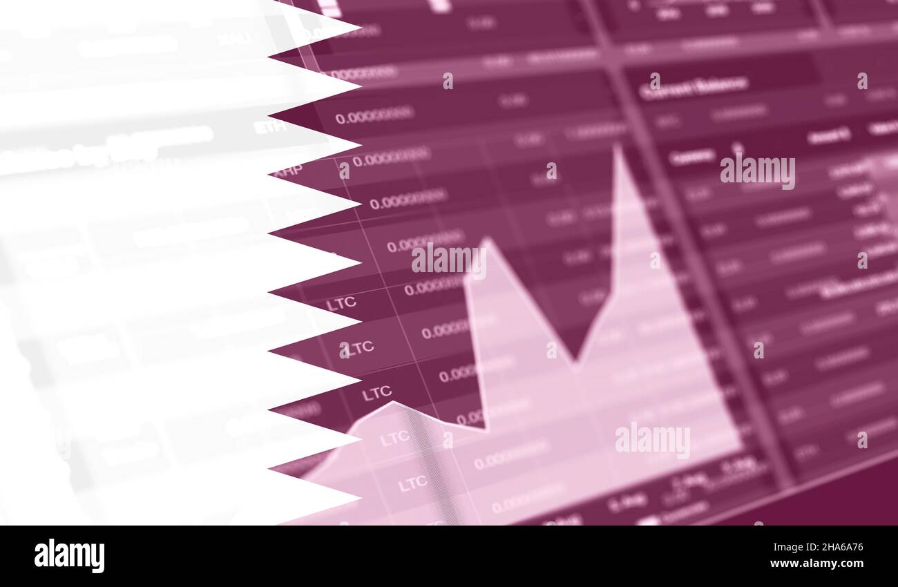 flag of Qatar and Stock market graph bar. Cryptocurrency. Bitcoin Stock