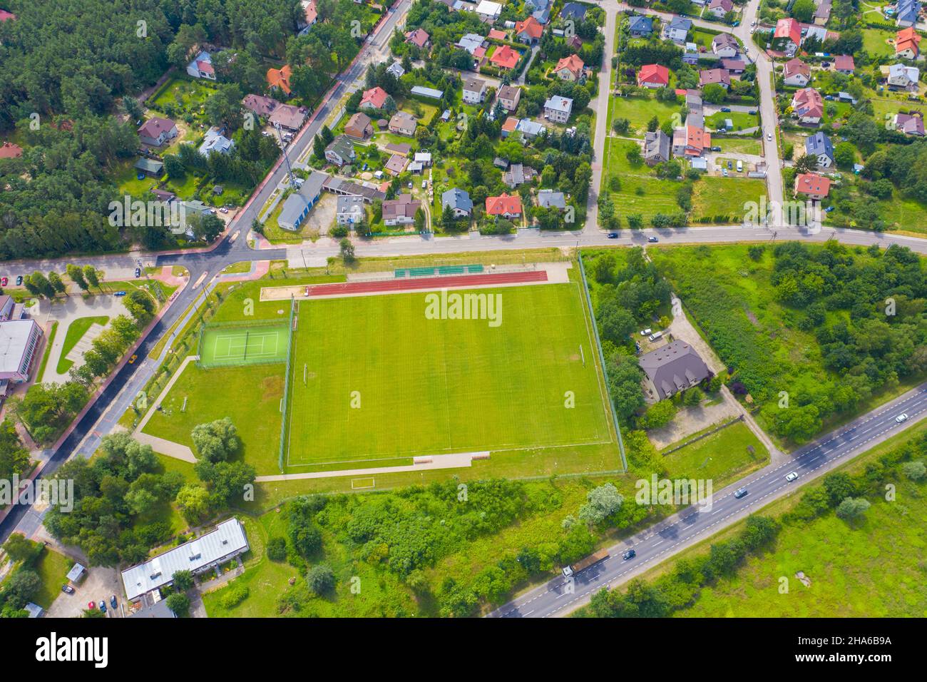 Aerial Drone photo of a Soccer/Football field Stock Photo