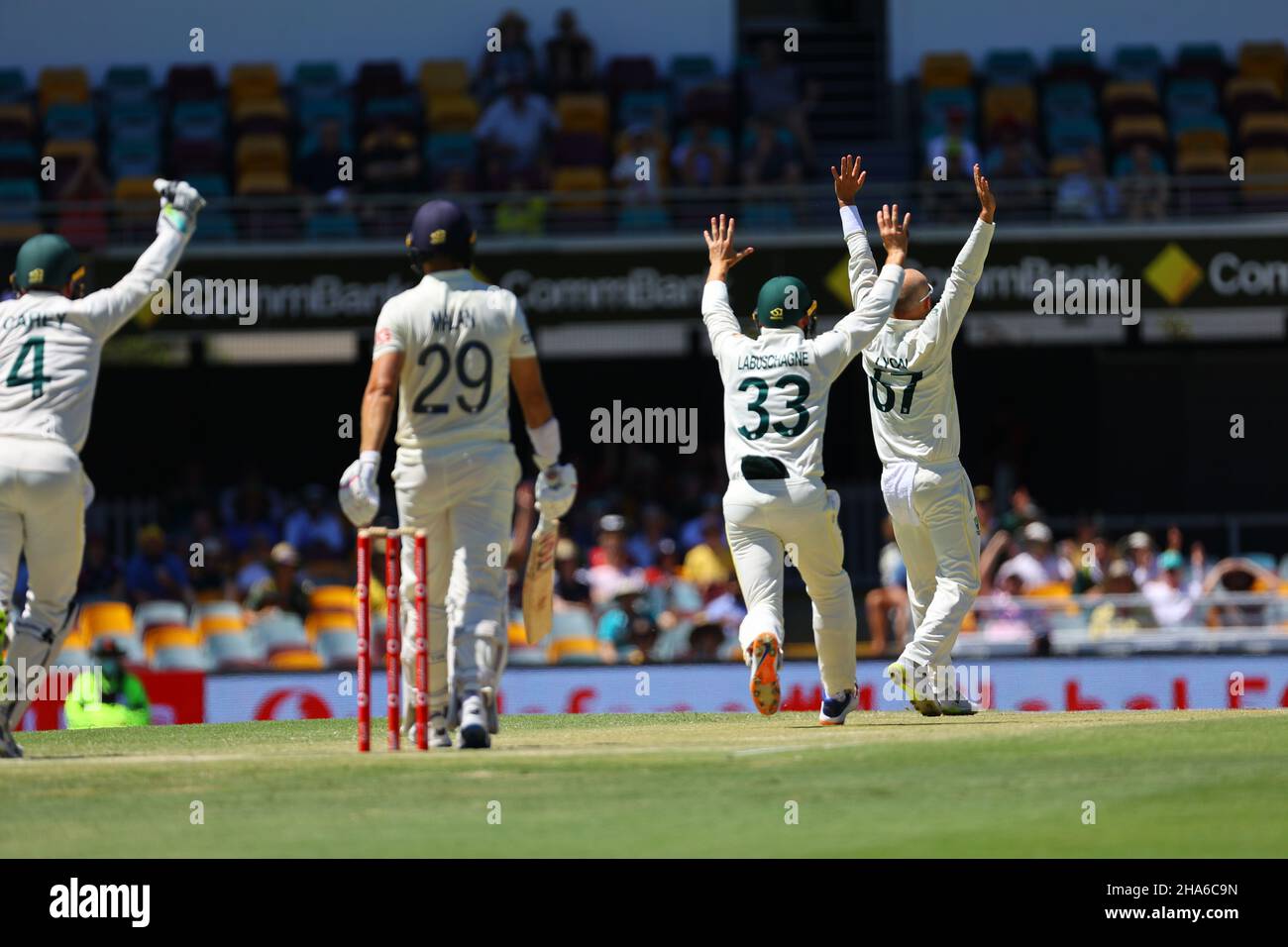 Nathan Lyon of Australia dismisses Dawid Malan of England and claims his 400th wicket Stock Photo