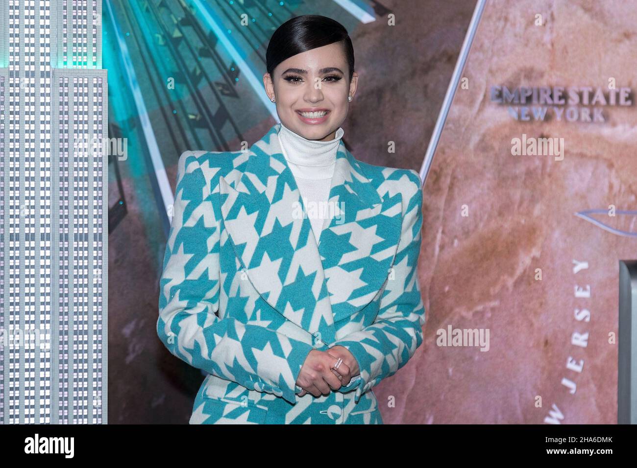 New York, NY, USA. 10th Dec, 2021. UNICEF Ambassador, Sofia Carson at the ceremonial lighting of the Empire State Building ahead of UNICEF's 75th anniversary on Saturday, Dec. 11. That evening, the Empire State Building will light in UNICEF cyan blue to show support for child rights at The Empire State Building. Credit: Steve Mack/Alamy Live News Stock Photo