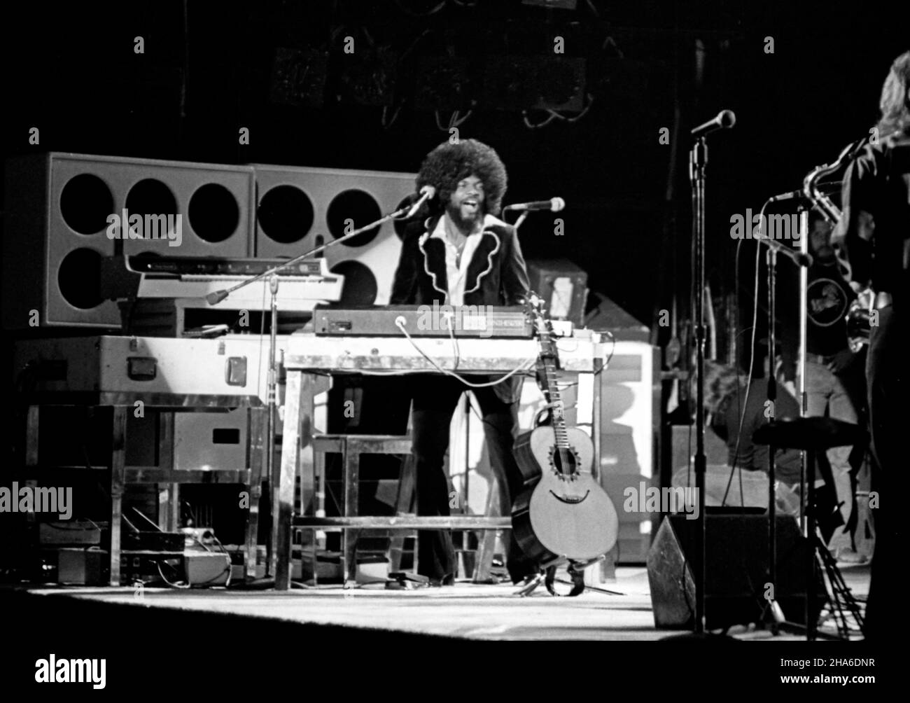 Billy Preston playing keyboards in concert with George Harrison on Dark Horse Tour circa 1970s, San Francisco, CA. Stock Photo