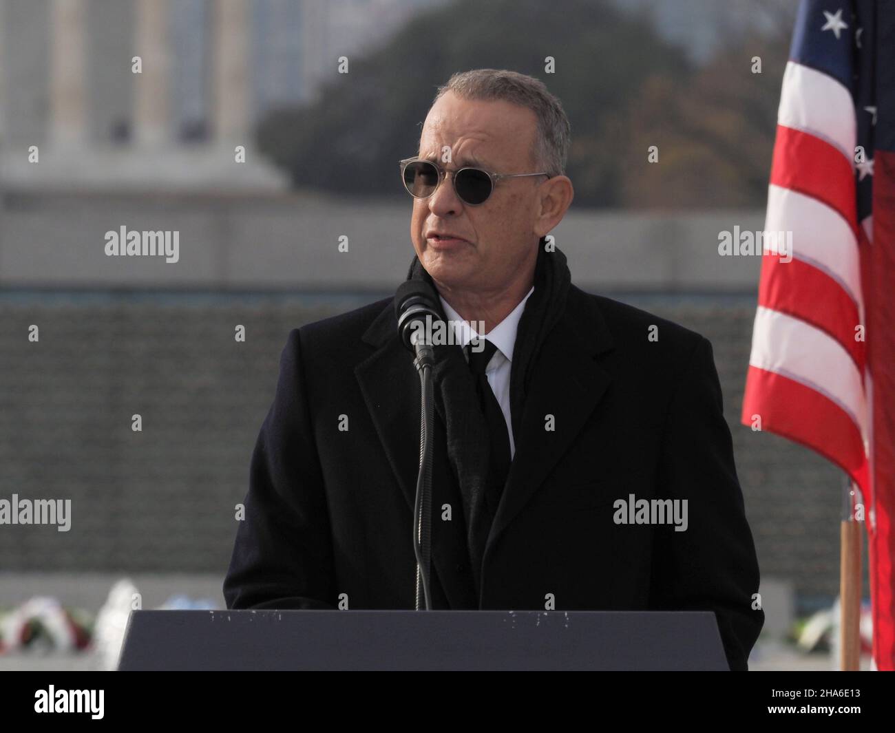 December 10, 2021, Washington, District of Columbia, USA: Tom Hanks paid tribute to the late Senator Bob Dole at the World War II Memorial on the National Mall. Senator Dole, himself seriously wounded during WWII, co-chaired the fundraising campaign for the Memorial. (Credit Image: © Sue Dorfman/ZUMA Press Wire) Credit: ZUMA Press, Inc./Alamy Live News Stock Photo