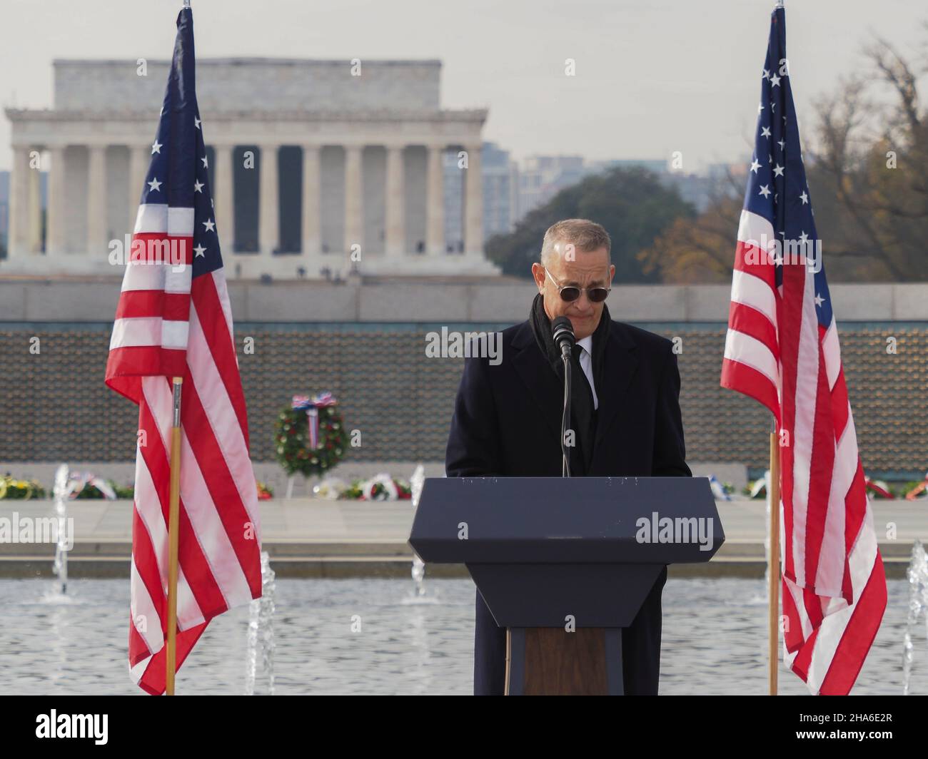 December 10, 2021, Washington, District of Columbia, USA: Tom Hanks paid tribute to the late Senator Bob Dole at the World War II Memorial on the National Mall. Senator Dole, himself seriously wounded during WWII, co-chaired the fundraising campaign for the Memorial. (Credit Image: © Sue Dorfman/ZUMA Press Wire) Credit: ZUMA Press, Inc./Alamy Live News Stock Photo
