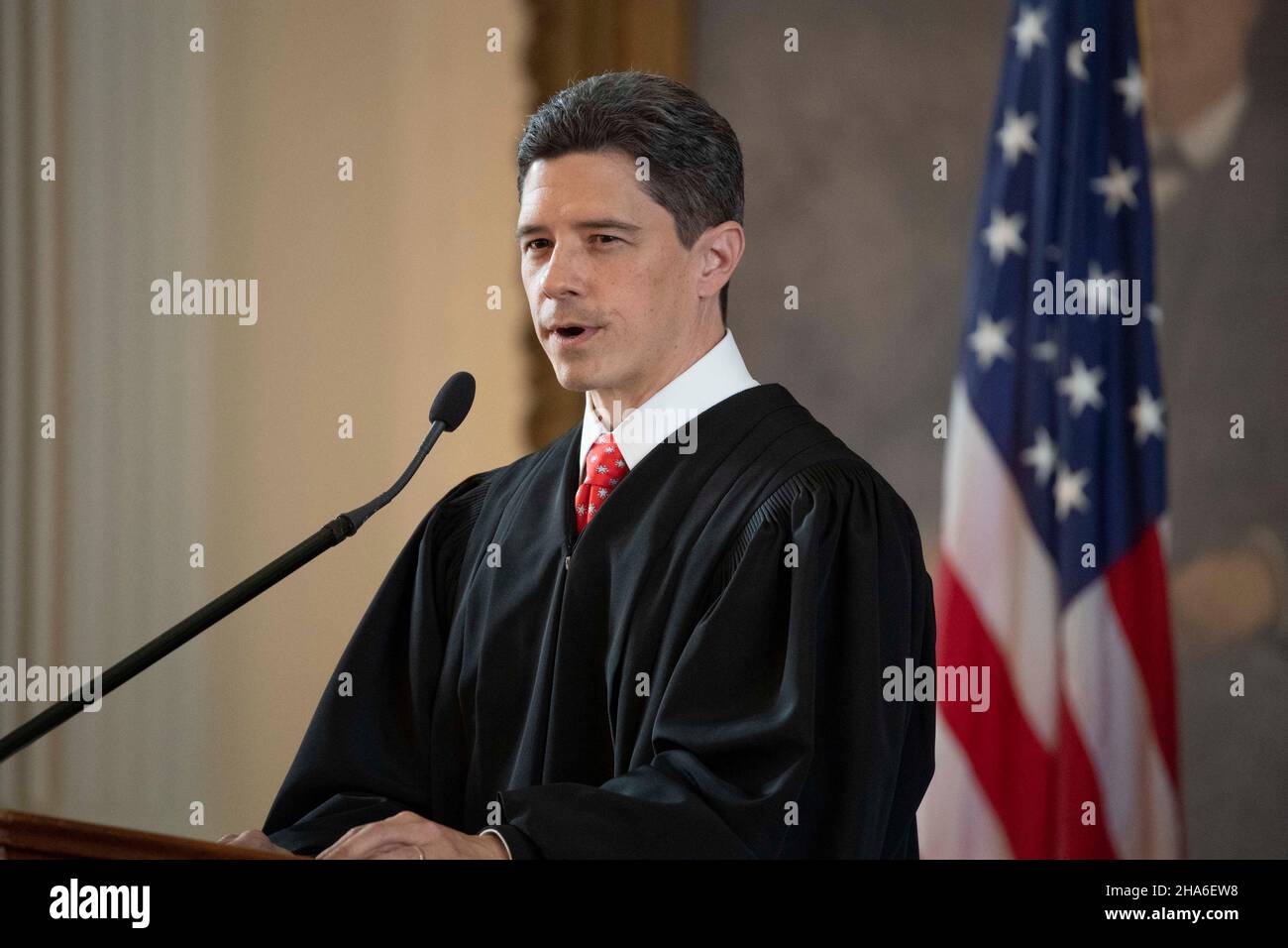 Austin Texas USA, Dec. 10 2021 Texas Justice Brett Busby speaks at an