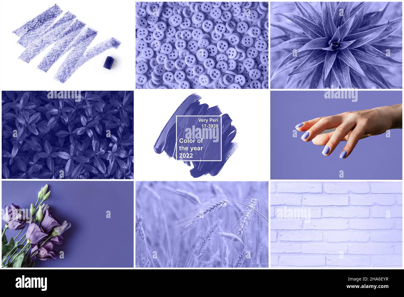 Color of the Year 2022 Very Peri. Collage of trendy purple shade