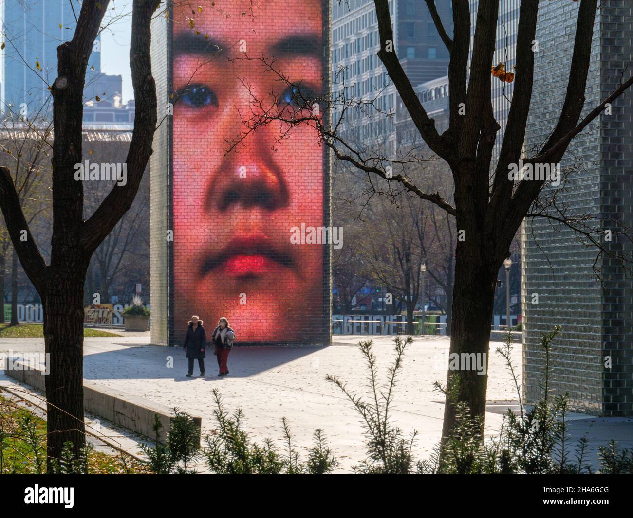 Crown Fountain and two people, Millennium Park, Chicago, Illinois, Turned off for winter Stock Photo