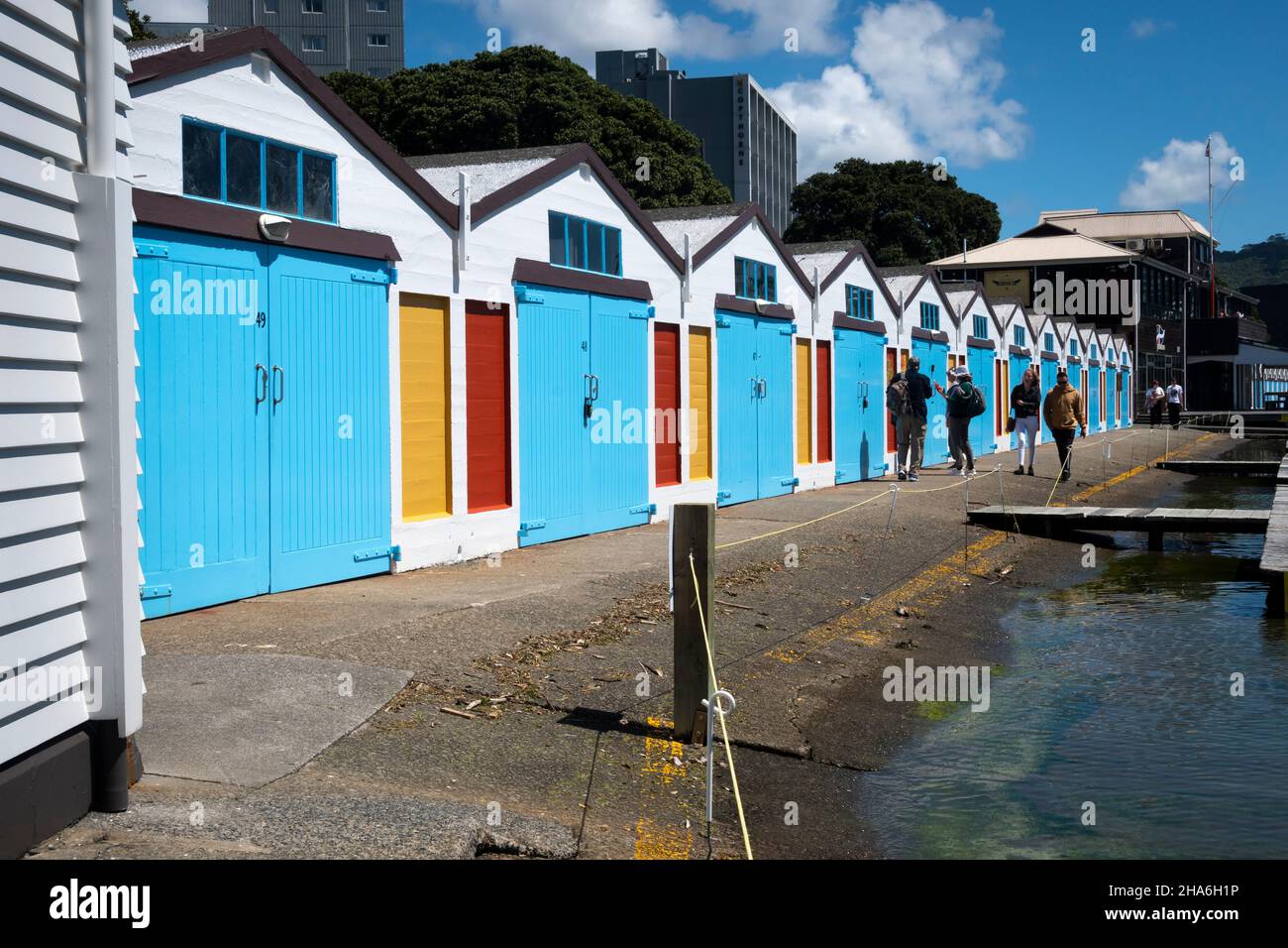 Blue boat sheds, Boat Harbour, Wellington, North Island, New Zealand Stock Photo