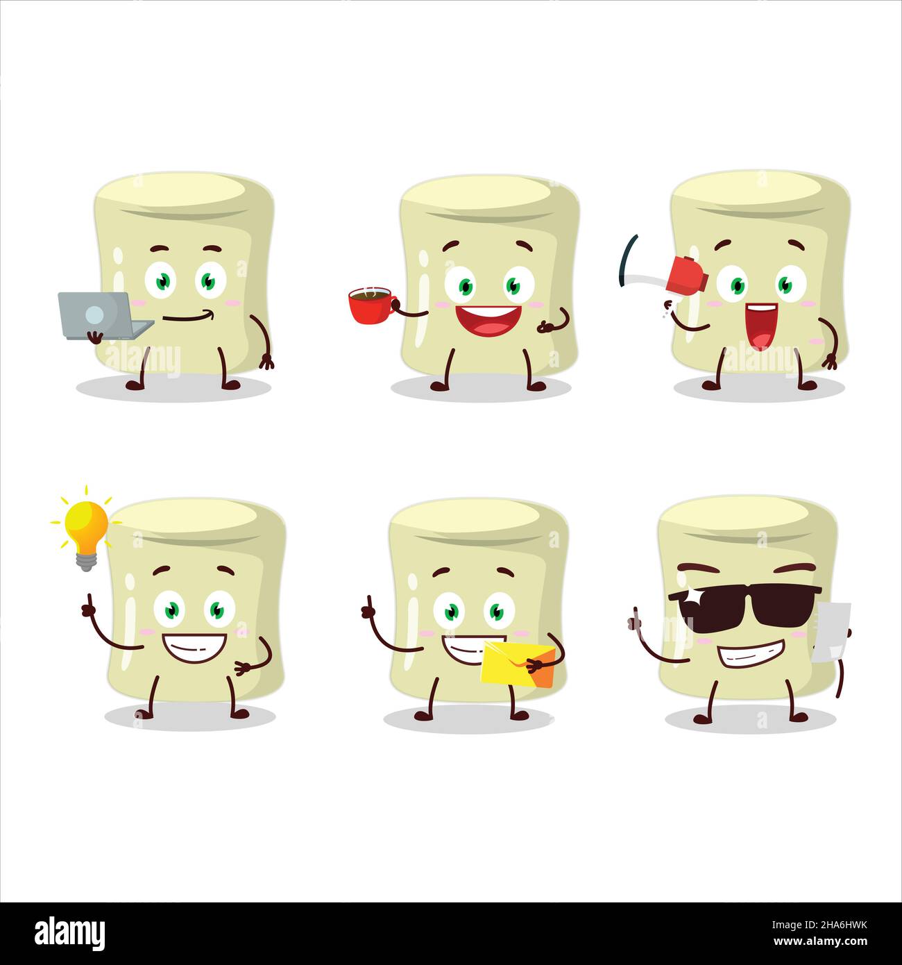 Banana marshmallow cartoon character with various types of business emoticons. Vector