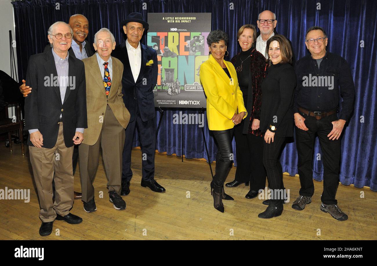 New York, USA. 10th Dec, 2021. L-R: Christopher Cerf, Roscoe Orman, Bob McGrath, Emilio Delgado, Sonia Manzano, Polly Stone, Frank Oz, Sharon Lerner and Norman Stiles attend the NY special screening of Street Gang: How We Got To Sesame Street at Symphony Space in New York, NY on December 10, 2021. (Photo by Stephen Smith/SIPA USA) Credit: Sipa USA/Alamy Live News Stock Photo