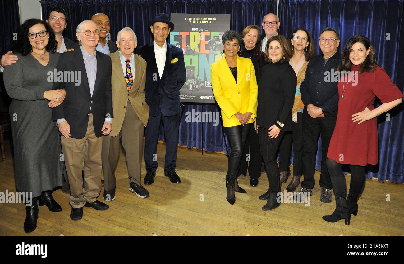 New York, USA. 10th Dec, 2021. L-R: Ellen Scherer Crafts, Trevor Crafts, Christopher Cerf, Roscoe Orman, Bob McGrath, Emilio Delgado, Sonia Manzano, Polly Stone, Frank Oz, Sharon Lerner, Lisa Diamond, Norman Stiles and Marilyn Agrelo attend the NY special screening of Street Gang: How We Got To Sesame Street at Symphony Space in New York, NY on December 10, 2021. (Photo by Stephen Smith/SIPA USA) Credit: Sipa USA/Alamy Live News Stock Photo