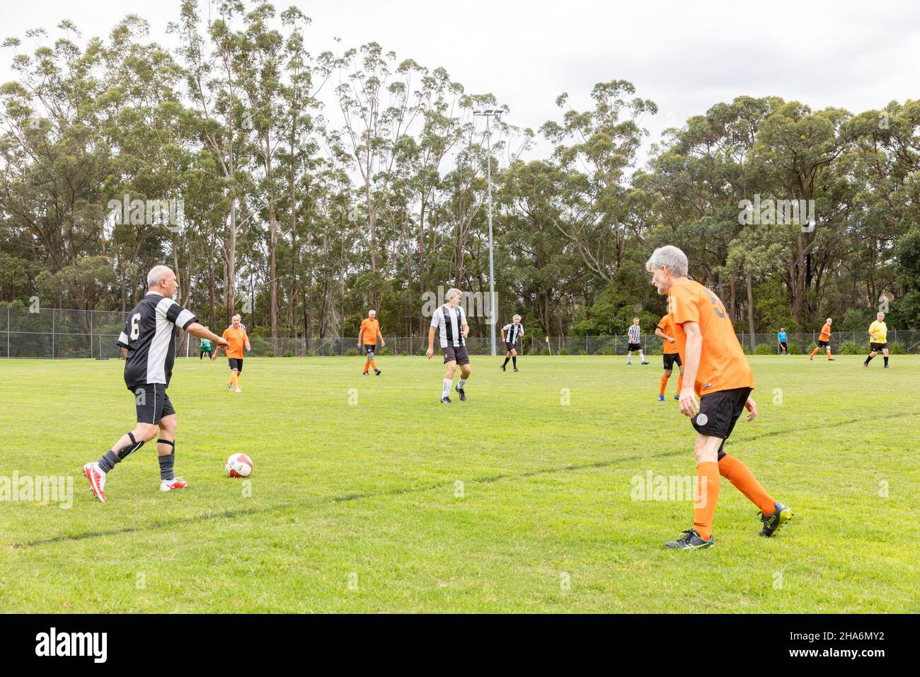 Sydney,Australia mens amateur grassroots football soccer game for over 55's age group, played on grass Stock Photo