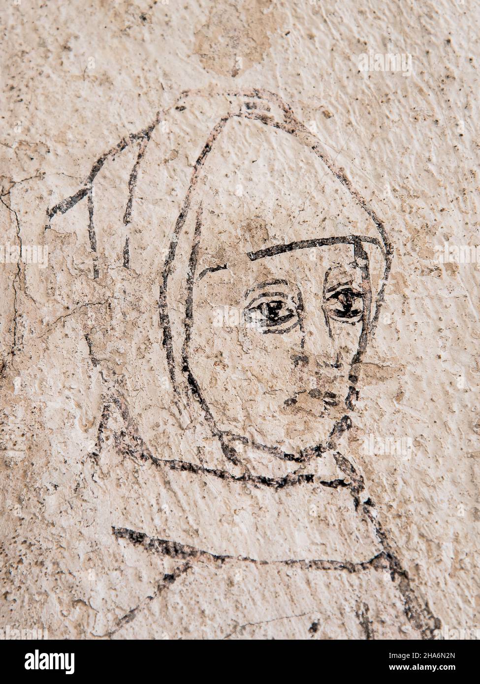 medieval fresco from 1476 depicting Brabara Brahe wearing a kerchief in the church of Bollerup, Sweden, September 15, 2021 Stock Photo