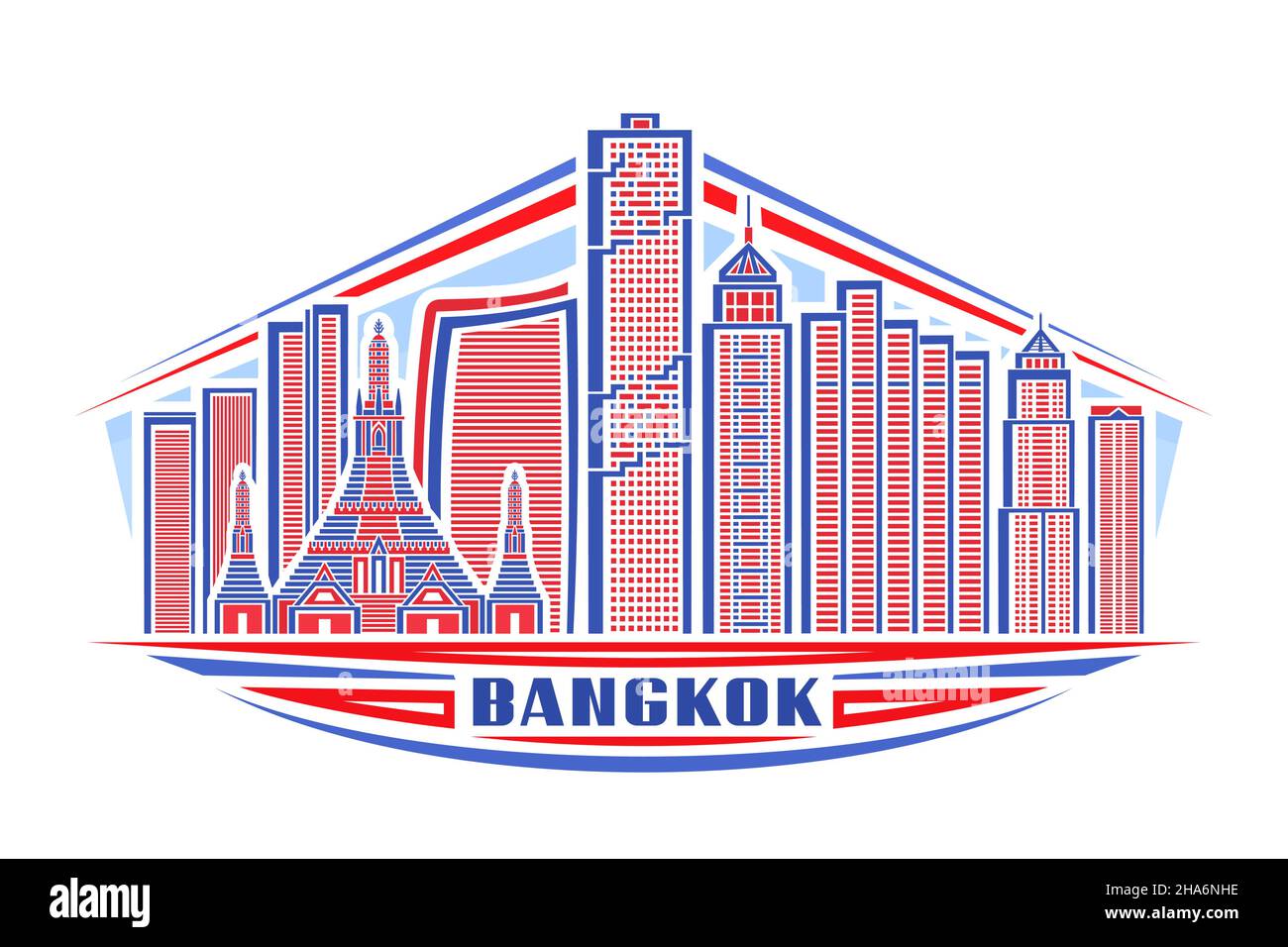Vector illustration of Bangkok, horizontal logo with linear design famous bangkok city scape on day sky background, asian urban line art concept with Stock Vector