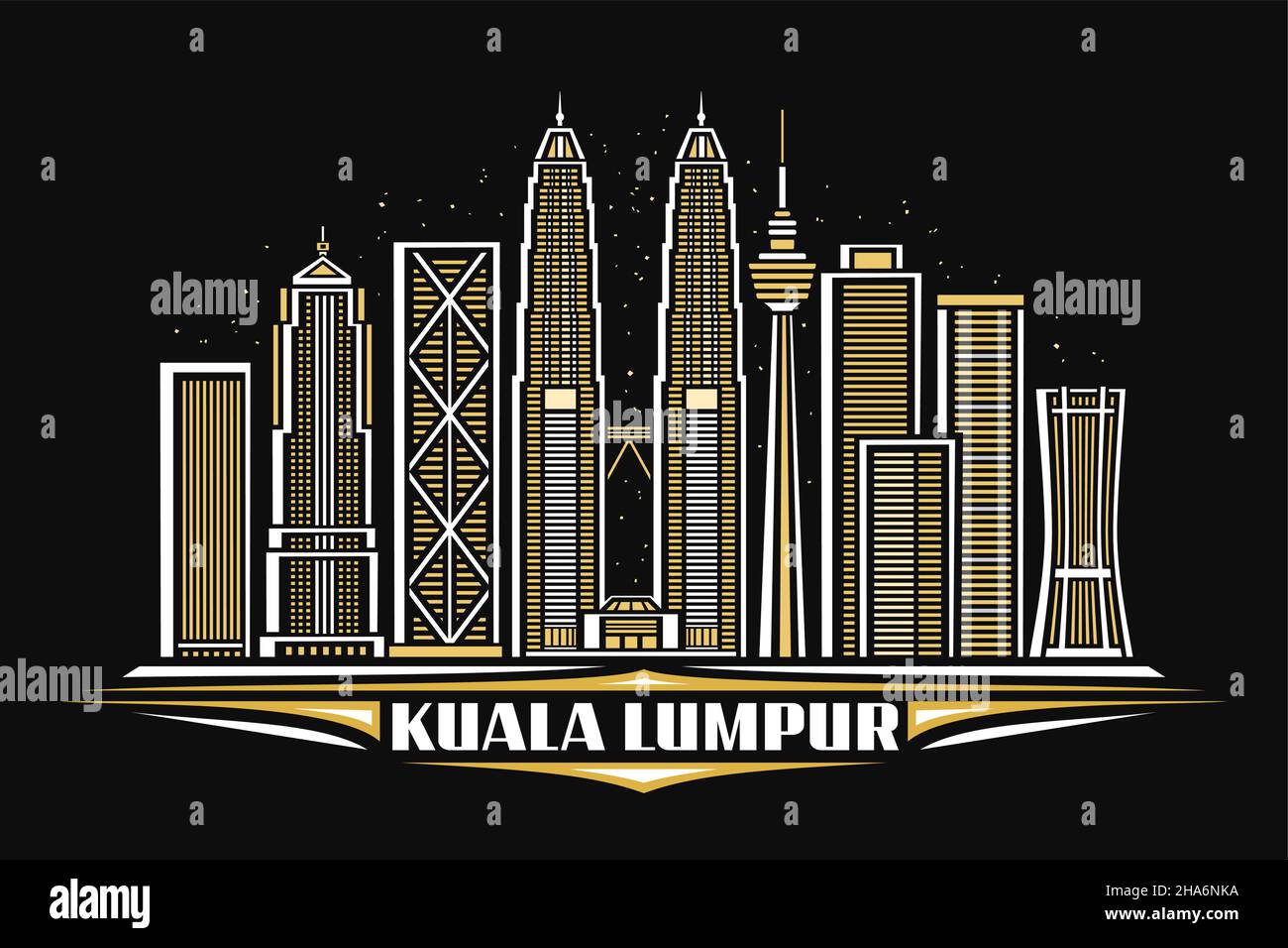Vector illustration of Kuala Lumpur, dark horizontal poster with linear design famous city scape on dusk sky background, asian urban line art concept Stock Vector