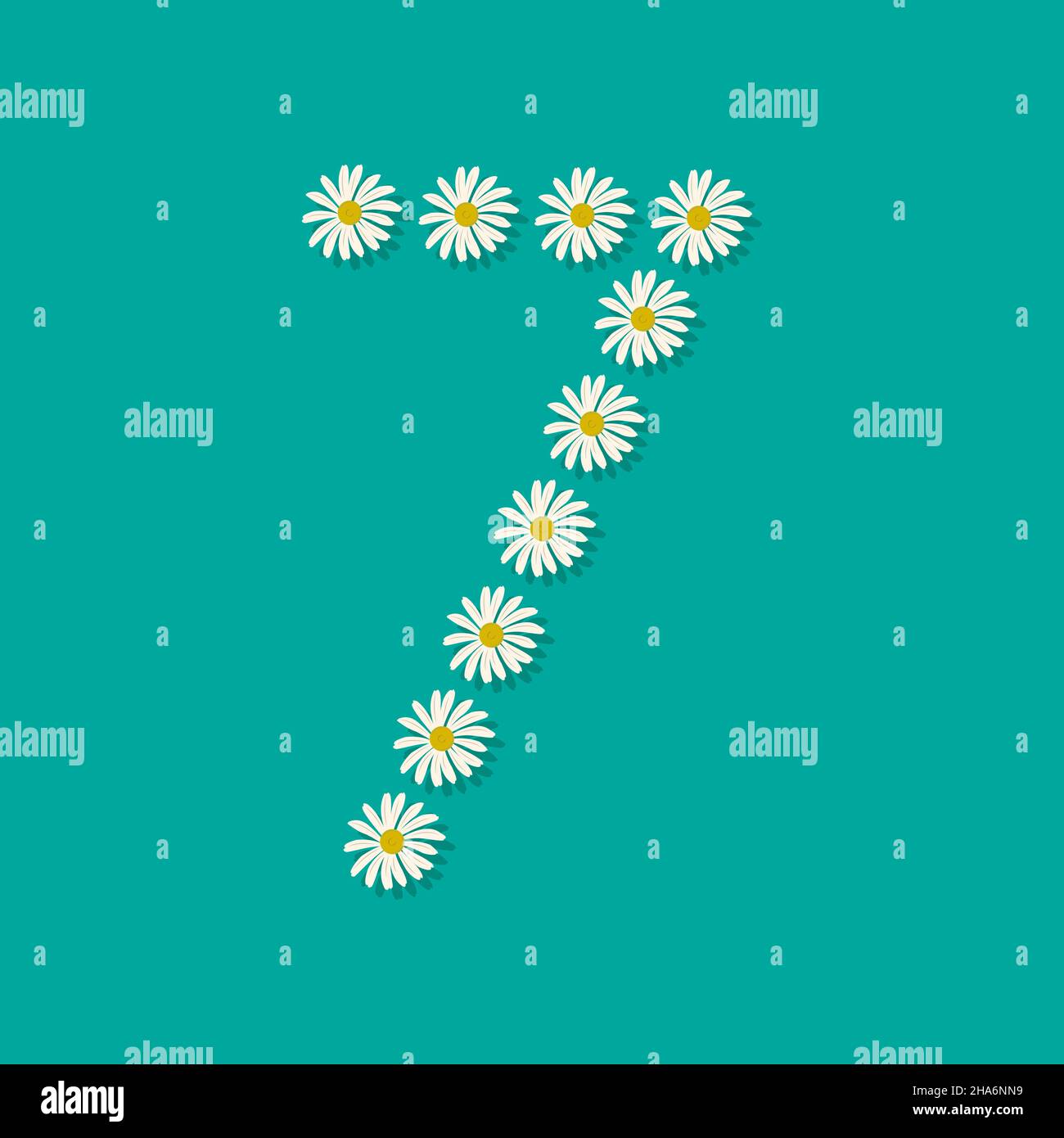 Number seven from white chamomile flowers. Festive font or decoration for spring or summer holiday and design. Vector flat illustration Stock Vector