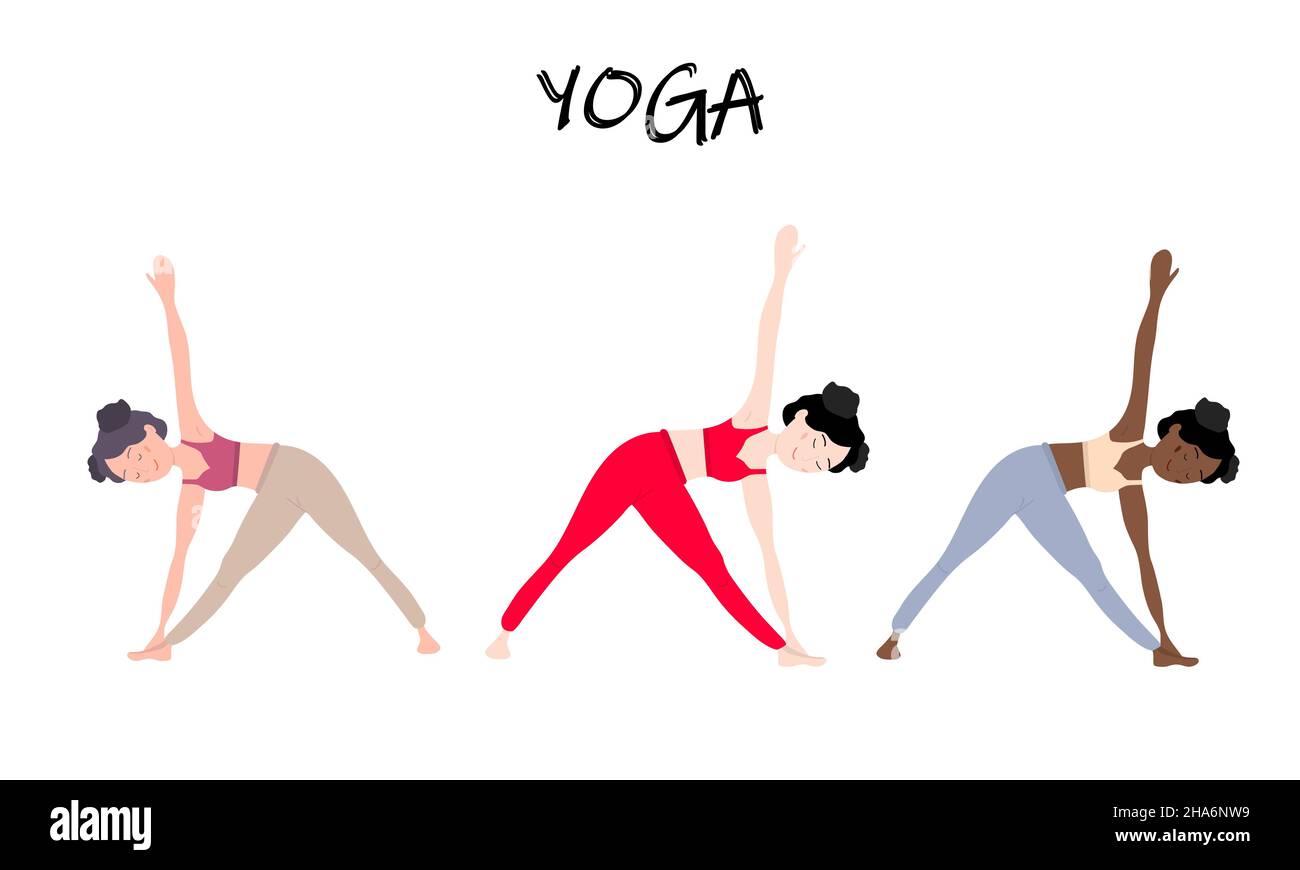 Womens Yoga set. Three girls, European, African and Asian show ...
